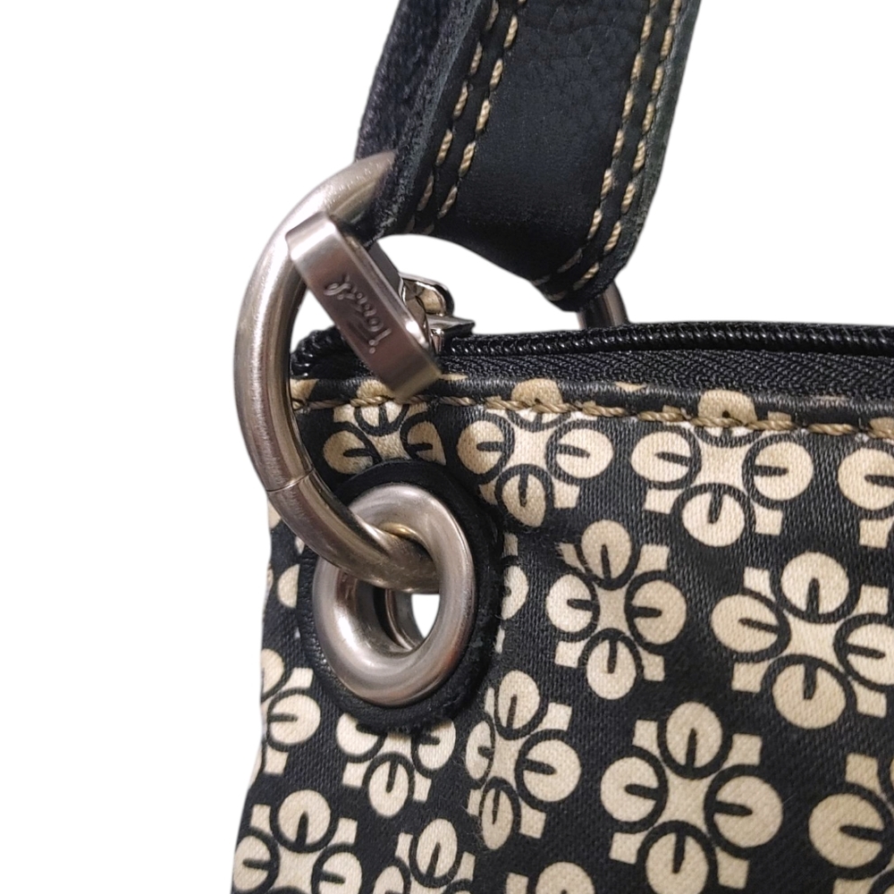 Fossil Black Beige Boho Graphic Canvas Leather Crossbody Bag Handbag Purse - Picture 7 of 10